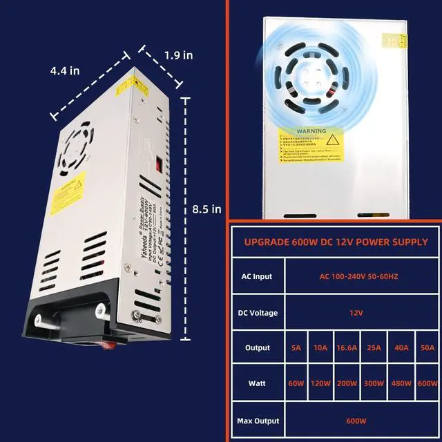 Alt view image 2 of 5 - Yaheeda New Version Converter, 110V AC to 12V DC Converter Power Supply 12V 600W 50A DC Switch Transformer for RV,Pump,LED Strip, LCD Monitor
