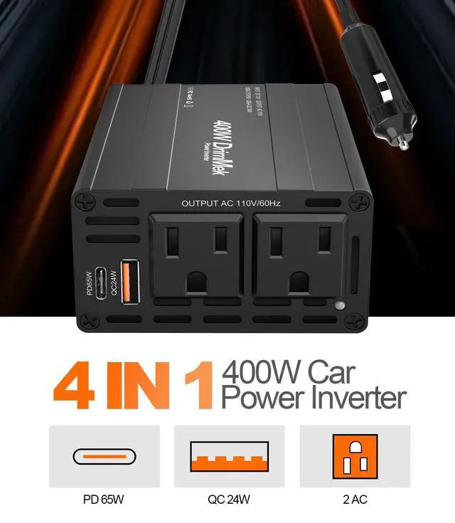 Alt view image 2 of 5 - 400W Car Power Inverter 12V to 110V AC24W+65W USB C, Laptop Charger