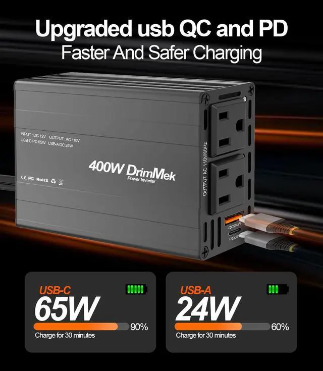 Alt view image 3 of 5 - 400W Car Power Inverter 12V to 110V AC24W+65W USB C, Laptop Charger