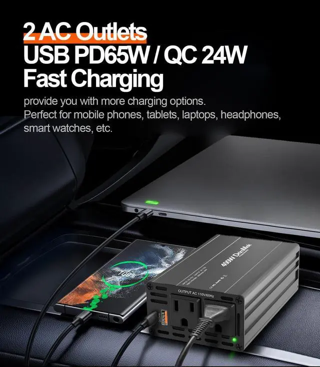 Alt view image 4 of 5 - 400W Car Power Inverter 12V to 110V AC24W+65W USB C, Laptop Charger