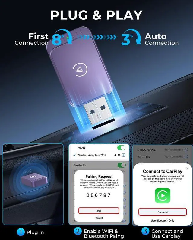 Alt view image 2 of 5 - AuroraLink Wireless Carplay & Android Auto Wireless Adapter 2-in-1 Fast & Stable Carplay Wireless Adapter Convert Wired to Wireless Car Play Dongle for iOS 10+/Android 11+