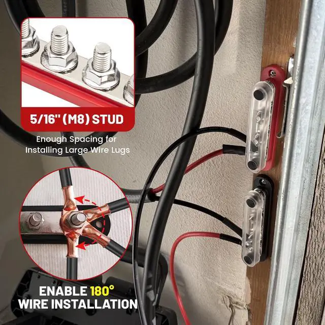 Alt view image 3 of 5 - RED WOLF 12V 150A Power Distribution Block 4 Post 5/16" Stud Busbar M8 Terminal Bus Bar 12-48 Volt DC Battery Junction Post for Auto Boat Marine Solar System Positive Negative