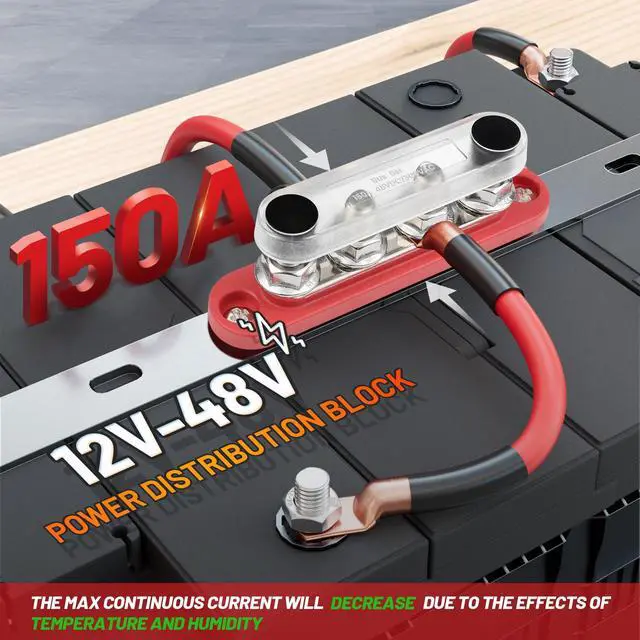 Alt view image 2 of 5 - RED WOLF 12V 150A Power Distribution Block 4 Post 5/16" Stud Busbar M8 Terminal Bus Bar 12-48 Volt DC Battery Junction Post for Auto Boat Marine Solar System Positive Negative