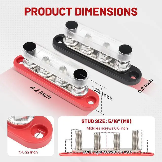 Alt view image 5 of 5 - RED WOLF 12V 150A Power Distribution Block 4 Post 5/16" Stud Busbar M8 Terminal Bus Bar 12-48 Volt DC Battery Junction Post for Auto Boat Marine Solar System Positive Negative