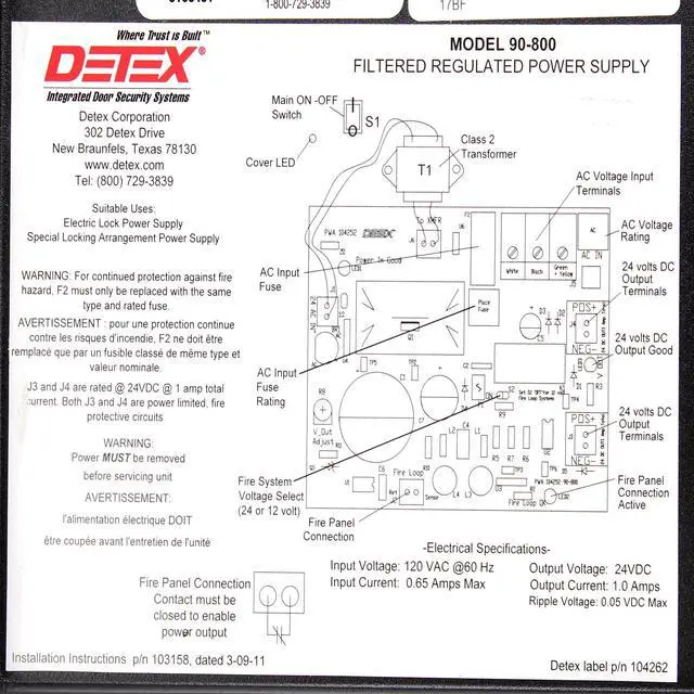 Alt view image 3 of 3 - Detex 90-800 Series 800 Power Supply, Filtered Output, 120V, 24VDC, 1A