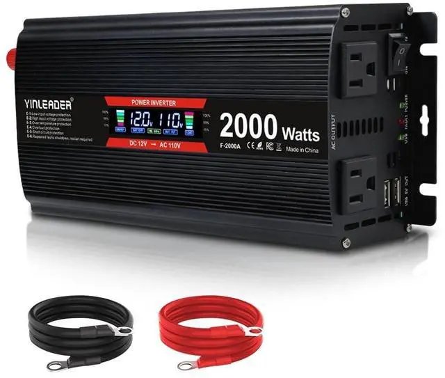 Main image of 2000 watt Inverter 12V to 110V/120V, dc to ac Inverter 2000W with Intelligent LCD Display Dual AC Outlets Dual USB Charging Port for RV Truck Laptop (Black)