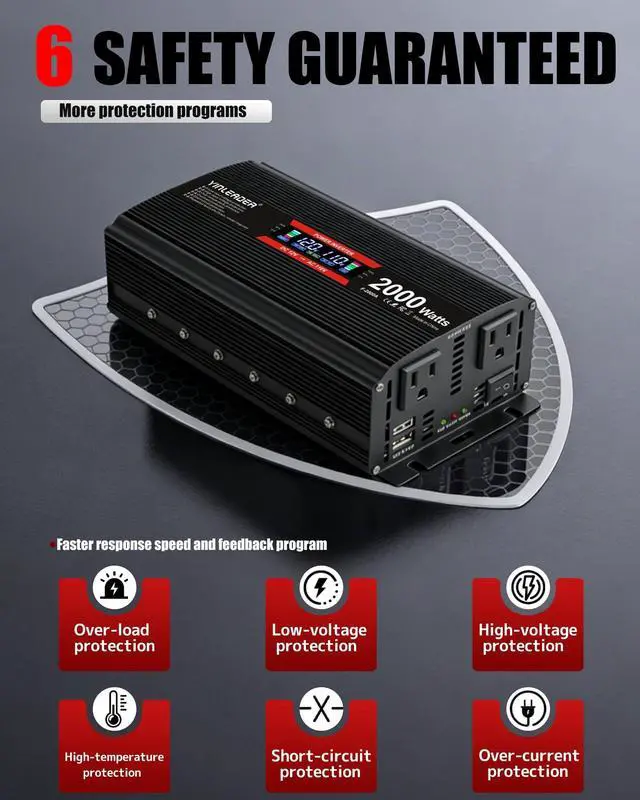 Alt view image 4 of 5 - 2000 watt Inverter 12V to 110V/120V, dc to ac Inverter 2000W with Intelligent LCD Display Dual AC Outlets Dual USB Charging Port for RV Truck Laptop (Black)