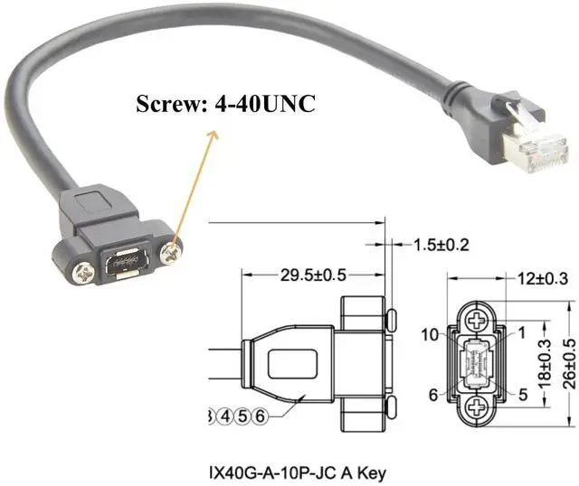 Alt view image 3 of 5 - Plinkwirekb IX A Key to RJ45 Cat6A Ethernet Cable 10Gbps Shielded IX40G-A-10P-JC(7.0) IX Type A Female to RJ45 Plug Screw Panel Mount Cord for Industrial Camera Machine Vision Robotic(0.3M/0.98FT)