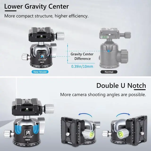 Alt view image 3 of 5 - 34mm Ball Low Profile Tripod Head with 2 Arca Swiss Quick Release Plates Professional CNC Aluminum 360 Rotating Panoramic Ball Head for DSLR Cameras Monopod Camcorder Slider Max Loading 33.1lbs/15kg