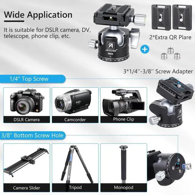 Alt view image 4 of 5 - 34mm Ball Low Profile Tripod Head with 2 Arca Swiss Quick Release Plates Professional CNC Aluminum 360 Rotating Panoramic Ball Head for DSLR Cameras Monopod Camcorder Slider Max Loading 33.1lbs/15kg