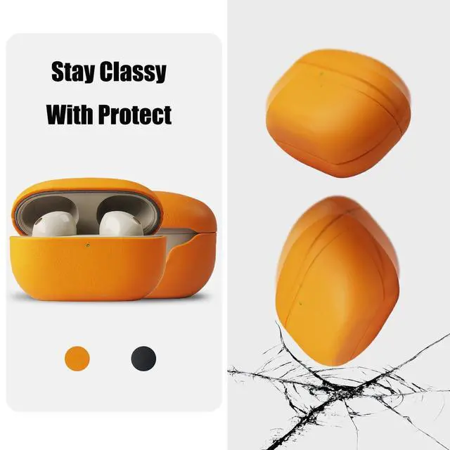Alt view image 3 of 5 - AeroZylo for Sony WF-1000XM5 Leather Case, Handcrafted Fully-Wrapped Full-Grain/Pebbled Leather for Earbuds Cover 2023 Version, Dual-Layer StructureProtective Hard Shell (Orange, Full-Grain)