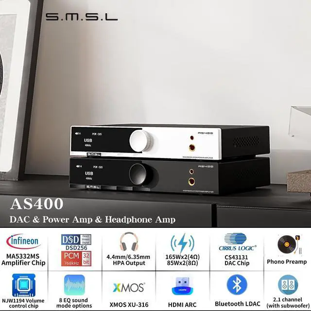 Alt view image 2 of 5 - SMSL AS400 Power Amplifier DAC Headphone Amp 165W x2 2.1 Channel MA5332MS MM Phono Amp Bluetooth 5.1 CS43131 MQA CD DAC Preamp 4.4mm/6.35mm RCA/BT/USB/Opt/Coax/Phono/12S Input 768K/32Bit XMOS XU316