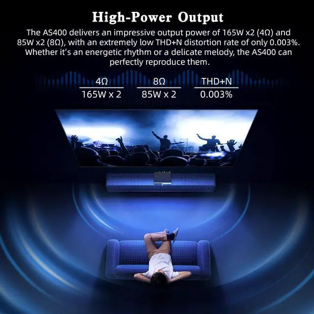 Alt view image 4 of 5 - SMSL AS400 Power Amplifier DAC Headphone Amp 165W x2 2.1 Channel MA5332MS MM Phono Amp Bluetooth 5.1 CS43131 MQA CD DAC Preamp 4.4mm/6.35mm RCA/BT/USB/Opt/Coax/Phono/12S Input 768K/32Bit XMOS XU316