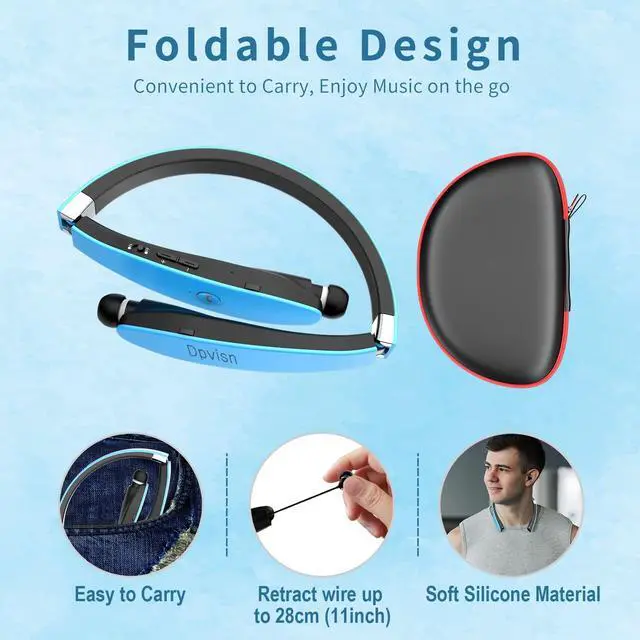 Alt view image 4 of 5 - Dpvisn Bluetooth Neckband Headphones, Foldable Wireless Lightweight Neck Headset with Retractable Earbuds, Noise Cancelling Sweatproof Stereo Earphones with Mic & Carrying Case