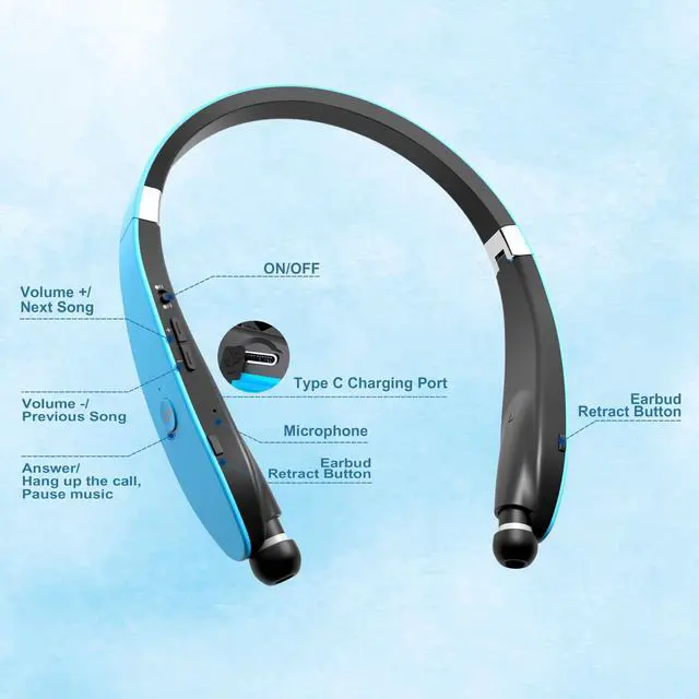 Alt view image 2 of 5 - Dpvisn Bluetooth Neckband Headphones, Foldable Wireless Lightweight Neck Headset with Retractable Earbuds, Noise Cancelling Sweatproof Stereo Earphones with Mic & Carrying Case