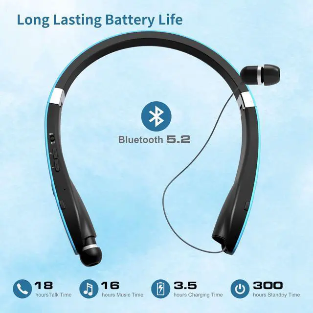 Alt view image 3 of 5 - Dpvisn Bluetooth Neckband Headphones, Foldable Wireless Lightweight Neck Headset with Retractable Earbuds, Noise Cancelling Sweatproof Stereo Earphones with Mic & Carrying Case