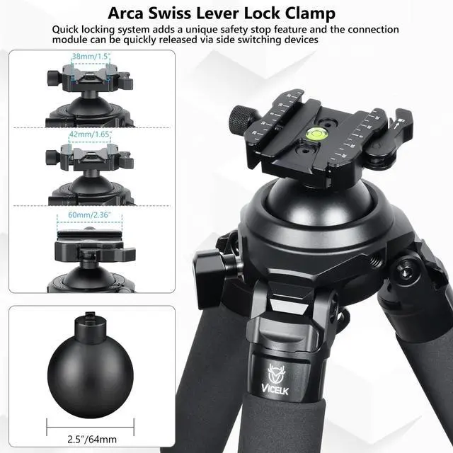 Alt view image 4 of 5 - VICELK MP404 Carbon Fiber Tripod for Hunting with Arca Swiss Lever Clamp Mount and 64mm/5.5" Ball Head,40mm Tube Heavy Duty Tripods for Photography, Hunting and Outdoor, Max Load 88lb/40kg