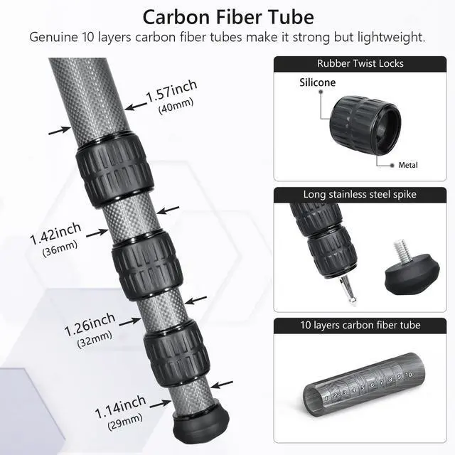 Alt view image 5 of 5 - VICELK MP404 Carbon Fiber Tripod for Hunting with Arca Swiss Lever Clamp Mount and 64mm/5.5" Ball Head,40mm Tube Heavy Duty Tripods for Photography, Hunting and Outdoor, Max Load 88lb/40kg