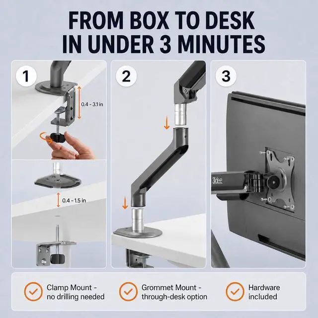 Alt view image 4 of 5 - 3IDEE FlexiLite Single Monitor Arm Desk Mount for 17-32" Screens, Holds up to 20 lbs, Slim Aluminium Design, Fully Adjustable & Flexible, Quick Box to Desk Setup, Clamp/Grommet Base, VESA 75/100