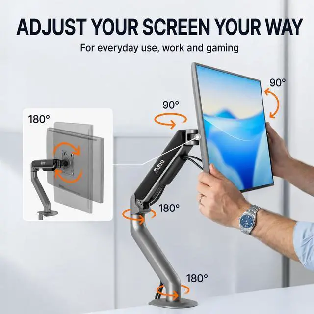 Alt view image 5 of 5 - 3IDEE FlexiLite Single Monitor Arm Desk Mount for 17-32" Screens, Holds up to 20 lbs, Slim Aluminium Design, Fully Adjustable & Flexible, Quick Box to Desk Setup, Clamp/Grommet Base, VESA 75/100