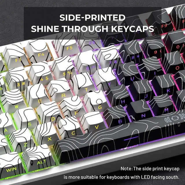 Alt view image 2 of 5 - XVX Topographic PBT Keycaps, Shine Through Keyboard Keycaps, White/Black Cherry Profile Keyboard caps, Side Printed Keycap Sets Suitable for Gateron Cherry MX Switches Mechanical Keyboard-Only Keycaps