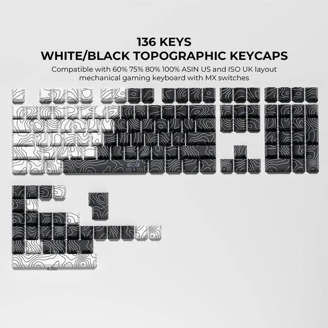 Alt view image 3 of 5 - XVX Topographic PBT Keycaps, Shine Through Keyboard Keycaps, White/Black Cherry Profile Keyboard caps, Side Printed Keycap Sets Suitable for Gateron Cherry MX Switches Mechanical Keyboard-Only Keycaps