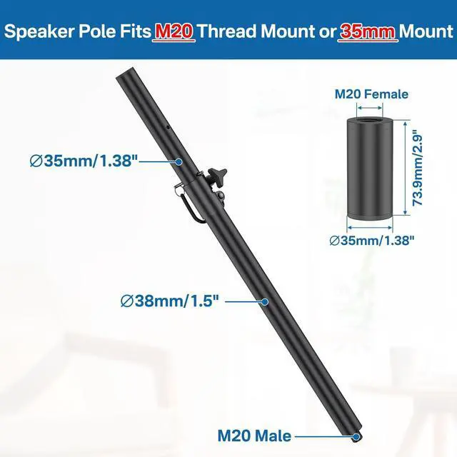Alt view image 2 of 5 - Rimous Heavy-Duty Speaker Pole for Subwoofer with Height Adjustable Subwoofer Pole Mounts Fits M20 Threaded Mount and 35mm Mount Speaker Extender with M20 to 35mm Adapter Load Capacity 121LBS, 2 Pack