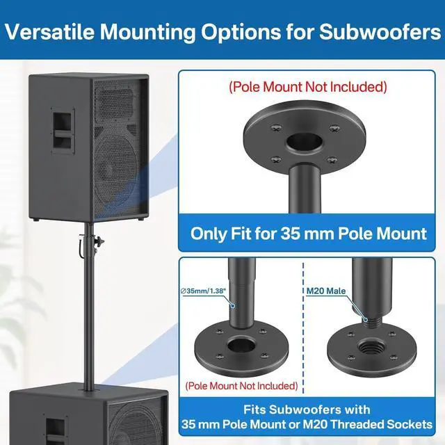 Alt view image 4 of 5 - Rimous Heavy-Duty Speaker Pole for Subwoofer with Height Adjustable Subwoofer Pole Mounts Fits M20 Threaded Mount and 35mm Mount Speaker Extender with M20 to 35mm Adapter Load Capacity 121LBS, 2 Pack