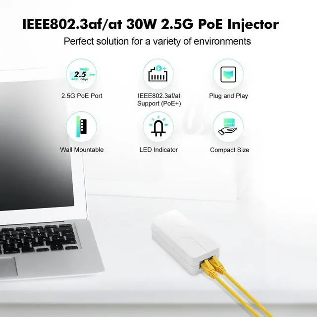 Alt view image 2 of 5 - 2.5 Gigabit PoE Injector 30W, Supports IEEE 802.3af/at, YuLinca White Compact Power Over Ethernet Adapter, Plug and Play, Fanless Wall Mount Design with LED Indicator