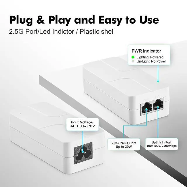 Alt view image 3 of 5 - 2.5 Gigabit PoE Injector 30W, Supports IEEE 802.3af/at, YuLinca White Compact Power Over Ethernet Adapter, Plug and Play, Fanless Wall Mount Design with LED Indicator