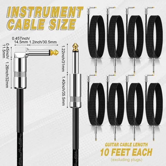 Alt view image 2 of 5 - Rigibright 8 Pack 10FT Instrument Cable - Guitar, Bass, Keyboard, Microphone & Mixer Amp Cord (8,Black, 10 Feet)