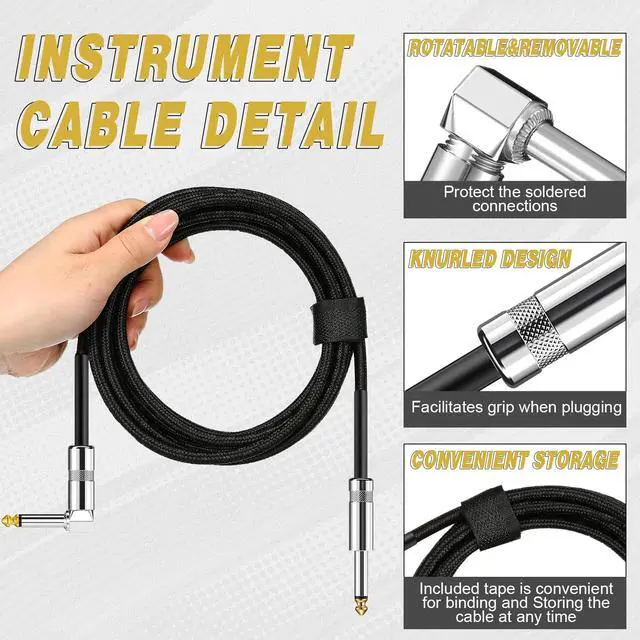 Alt view image 4 of 5 - Rigibright 8 Pack 10FT Instrument Cable - Guitar, Bass, Keyboard, Microphone & Mixer Amp Cord (8,Black, 10 Feet)