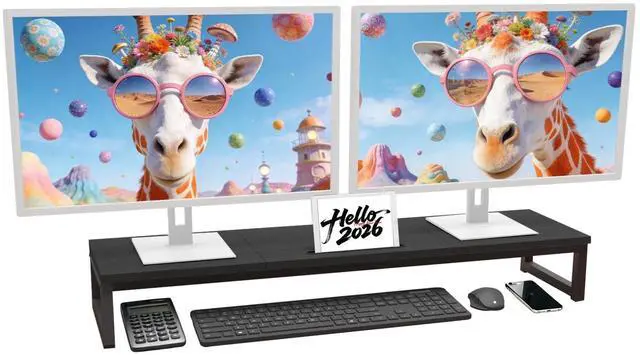 Main image of huacz Dual Monitor Stand Riser, 38.7'' Long Wood and Steel Monitor Stand for 2 Monitors, Ergonomic Desktop Organizer with Tablet Stand for Computer,Laptop,TV (Black)