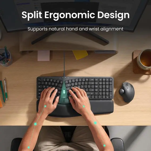 Alt view image 3 of 5 - Nulea Ergonomic Split Keyboard, Wired Natural Typing Keyboard with Integrated Palm Rest for Wrist Pain Relief, 2-in-1 Type C&Type A Plug for Mac,Windows,Office & Home,Black