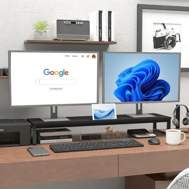 Alt view image 2 of 5 - huacz Dual Monitor Stand Riser, 38.7'' Long Wood and Steel Monitor Stand for 2 Monitors, Ergonomic Desktop Organizer with Tablet Stand for Computer,Laptop,TV (Black)