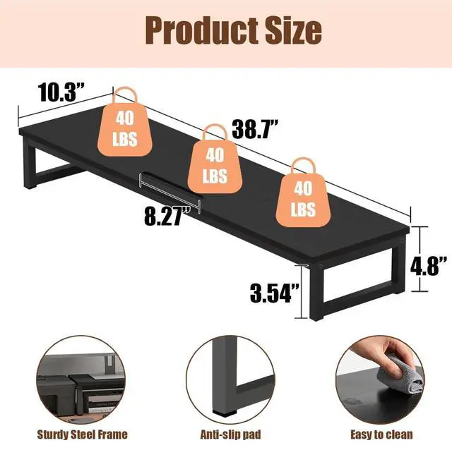 Alt view image 4 of 5 - huacz Dual Monitor Stand Riser, 38.7'' Long Wood and Steel Monitor Stand for 2 Monitors, Ergonomic Desktop Organizer with Tablet Stand for Computer,Laptop,TV (Black)