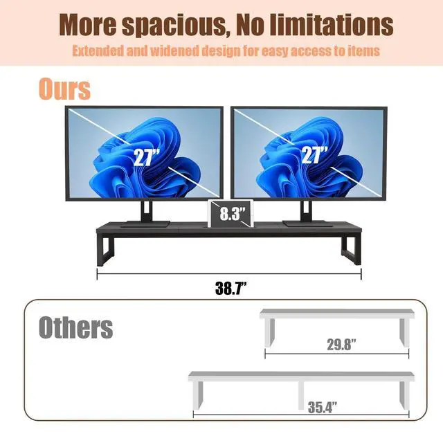 Alt view image 5 of 5 - huacz Dual Monitor Stand Riser, 38.7'' Long Wood and Steel Monitor Stand for 2 Monitors, Ergonomic Desktop Organizer with Tablet Stand for Computer,Laptop,TV (Black)