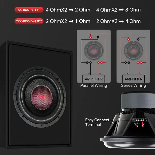 Alt view image 3 of 5 - Audiopipe 12" Quad Stack Composite Cone Subwoofer (TXX-BDC-IV-12), Superior Performance, 2200W, 4 Magnets, BASV Voice Coil, Aluminum Basket, Multi-Connect, Non-Press Paper Cone, 2 x 4 Ohms