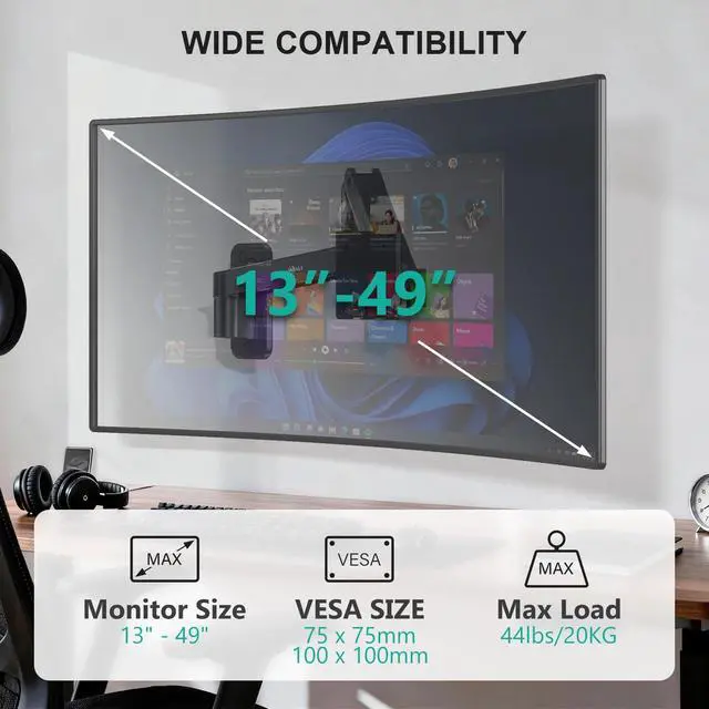 Alt view image 2 of 5 - WALI Monitor Wall Mount for 13-49 Inch Ultrawide Screens, Heavy Duty Single Monitor Mount Holds up to 44 lbs, Adjustable Wall Mount Monitor Arm, 75/100mm VESA Mount (GSWM001-P), Black