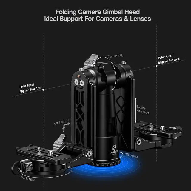 Alt view image 2 of 5 - Leofoto Dual-Camera Gimbal Head, Professional Videographer Foldable Gimbal Head with 360 Panorama Shooting and 3/8 Screw Threaded for Cameras/Spotting Scopes, Max Load to 25kg/55.12 lb (DPG-1)