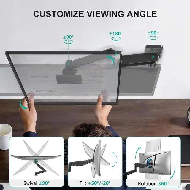 Alt view image 3 of 5 - WALI Monitor Wall Mount for 13-49 Inch Ultrawide Screens, Heavy Duty Single Monitor Mount Holds up to 44 lbs, Adjustable Wall Mount Monitor Arm, 75/100mm VESA Mount (GSWM001-P), Black