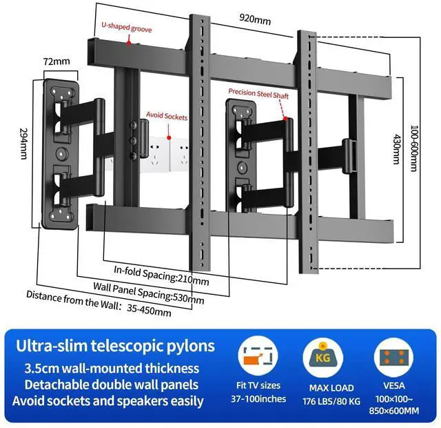 Alt view image 2 of 5 - 75 77 85 inch Corner TV Wall MountFull Motion TV Wall Mount Bracket for 37-100" TVsHeavy Duty up to176 lbs,Tool-Free Tilt, Swivel, Extension, Leveling,MAX VESA 850x600