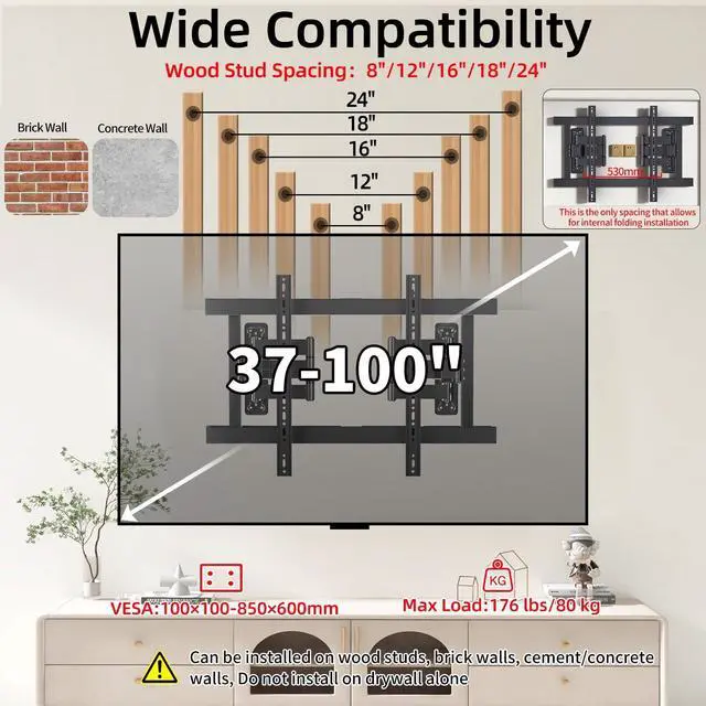 Alt view image 3 of 5 - 75 77 85 inch Corner TV Wall MountFull Motion TV Wall Mount Bracket for 37-100" TVsHeavy Duty up to176 lbs,Tool-Free Tilt, Swivel, Extension, Leveling,MAX VESA 850x600