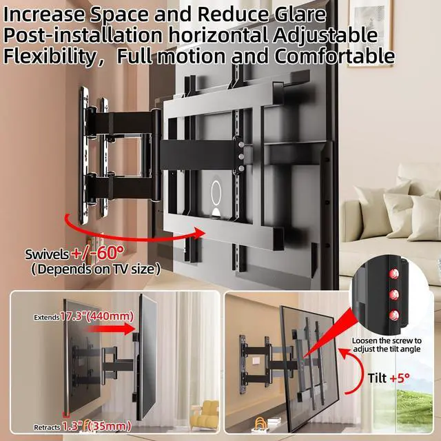 Alt view image 5 of 5 - 75 77 85 inch Corner TV Wall MountFull Motion TV Wall Mount Bracket for 37-100" TVsHeavy Duty up to176 lbs,Tool-Free Tilt, Swivel, Extension, Leveling,MAX VESA 850x600