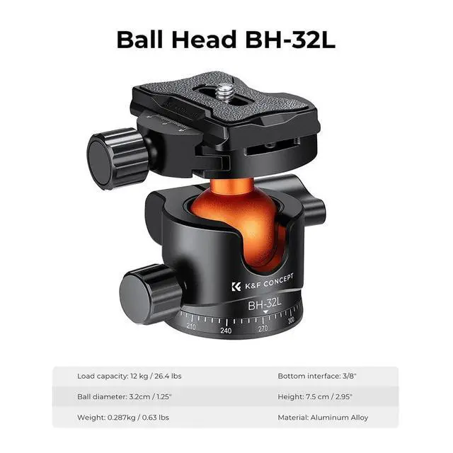 Alt view image 2 of 5 - K&F CONCEPT 32mm Metal Tripod Ball Head 360 Degree Rotating Panoramic with 1/4 inch Quick Release Plate Bubble Level for Monopod Camera Camcorder Load Capacity up to 26.4lbs/12kg