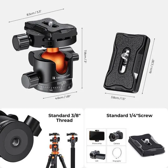 Alt view image 4 of 5 - K&F CONCEPT 32mm Metal Tripod Ball Head 360 Degree Rotating Panoramic with 1/4 inch Quick Release Plate Bubble Level for Monopod Camera Camcorder Load Capacity up to 26.4lbs/12kg