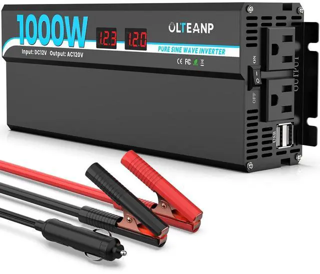 Main image of 1000W Pure Sine Wave Inverter 12V DC to 120V AC Converter for Car, Truck, Home, Vehicles, Laptop, Car Inverter 12V to 110V with 2 AC Outlets, 2 USB Ports, LCD Display