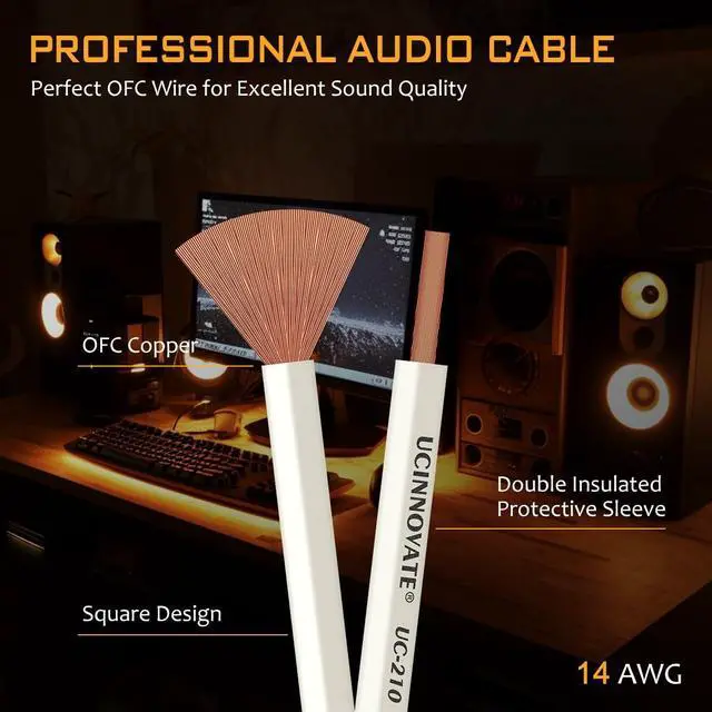 Alt view image 4 of 5 - UCINNOVATE 14 AWG OFC Speaker Cable with Pin Banana Plugs, Audiophile HiFi OFC 3m/9.8Ft White Speaker Wire with Gold-Plated Banana Plugs, Square Speaker Cable for Home Audio System, Amp Crystal Sound