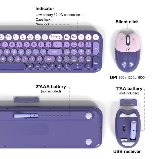 Alt view image 3 of 5 - Wireless Keyboards Mouse Combos, 2.4G USB Cordless Keyboard Mouse Set with Colorful Round Retro Keycaps, Cute Typewriter Full-Size Keyboard for PC Laptop Desktop Computer Home Office-Purple Gra
