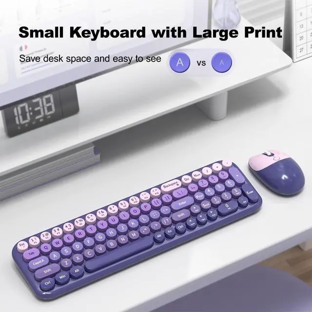 Alt view image 2 of 5 - Wireless Keyboards Mouse Combos, 2.4G USB Cordless Keyboard Mouse Set with Colorful Round Retro Keycaps, Cute Typewriter Full-Size Keyboard for PC Laptop Desktop Computer Home Office-Purple Gra